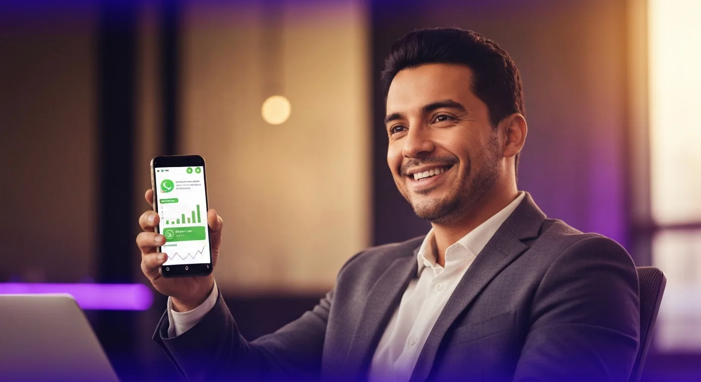 Dueño de negocio LATAM relajado revisando ventas automáticas en WhatsApp