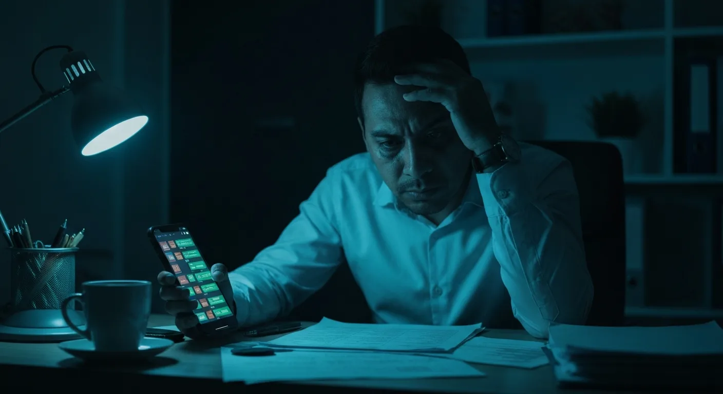 Dueño de negocio agotado contestando WhatsApp a las 11 de la noche